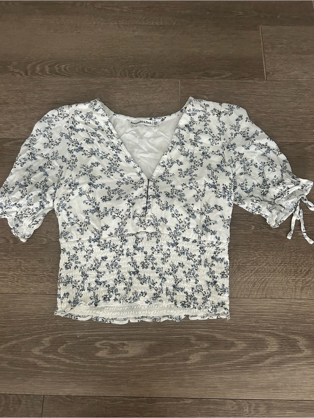 Abercrombie & Fitch White Top with Blue Floral Print and Smocked Waist